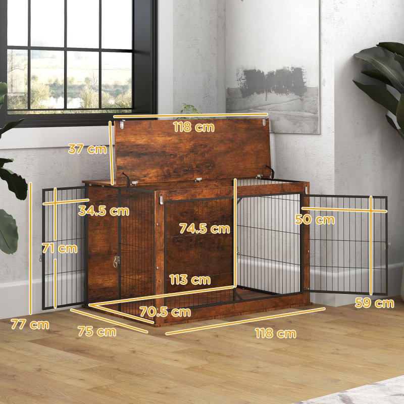 PawHut Dog Crate Furniture, Dog Cage End Table with Openable Top, Two Lockable Doors, for Extra Large Pets, 118 x 75 x 77cm, Rustic Brown