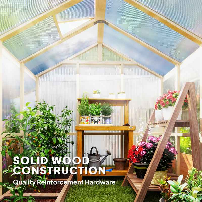 Outsunny 6.6 x 6ft Polycarbonate Greenhouse, Walk-in Wooden Greenhouse with Lockable Door and Window, Garden Plants Grow House, Brown
