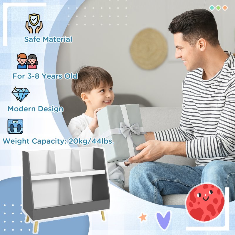 HOMCOM Kids Storage Shelf, 2-Tier Kids Book Shelf with 5 Compartments, Anti-Tip Device, Pine Wood Legs, for Nursery, Playroom, Classroom - Grey