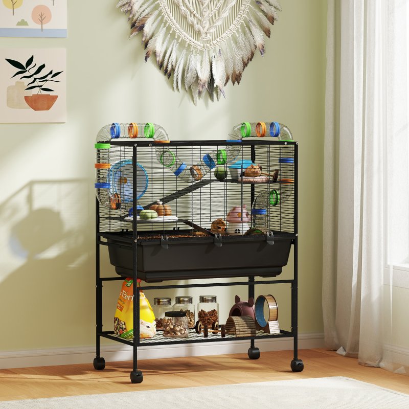 PawHut Hamster Cage, 3 Tier Large Gerbil Cage on Wheels with 17 cm Deep Tray, Storage Shelf, Big Exercise Wheel, Tube System, Hut, Platforms, Ramps, Food Dish, Water Bottle, for Syrian Hamsters, Rats