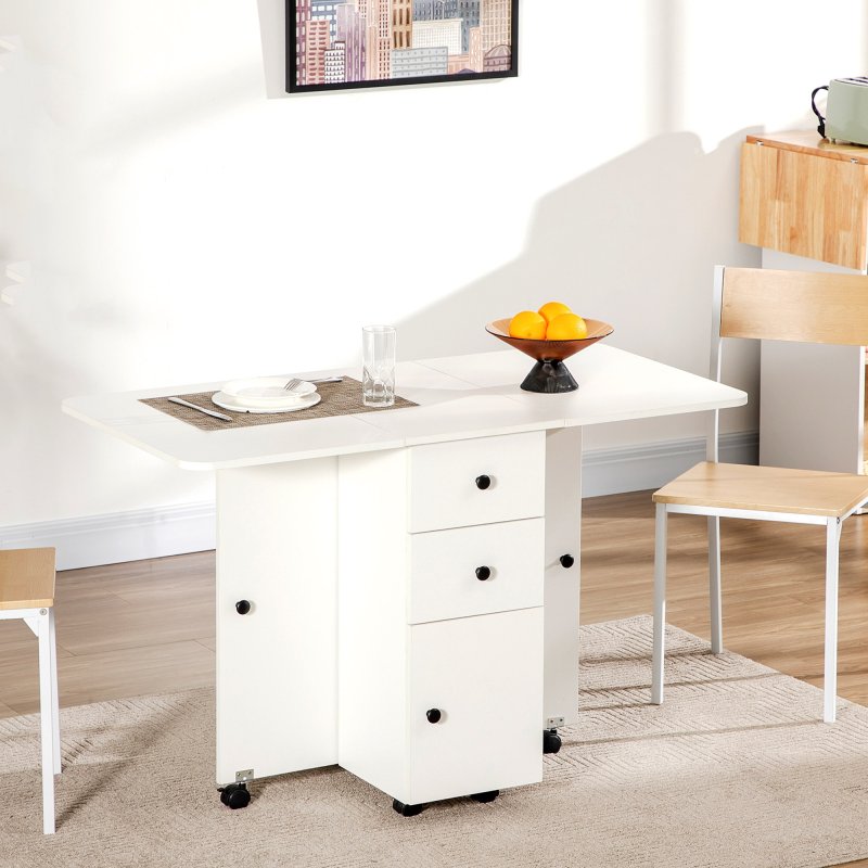HOMCOM Folding Dining Table for 4-6, Rolling Drop Leaf Table on Wheels with Storage Drawers, Cabinet and Open Shelf for Kitchen, Dining Room