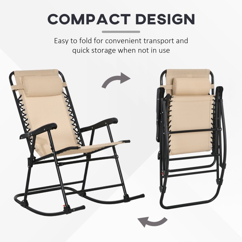 Outsunny Garden Rocking Chair Folding Outdoor Adjustable Rocker Zero-Gravity Seat with Headrest Camping Fishing Patio Deck, 95 x 64 x 106 cm - Beige