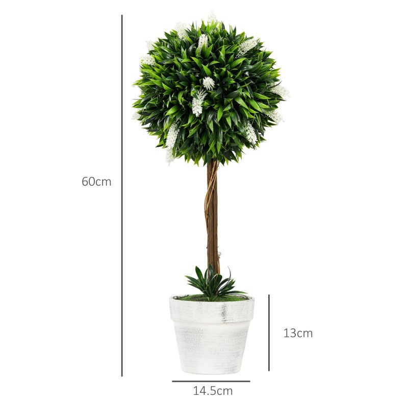 HOMCOM Set of 2 Decorative Artificial Plants Ball Trees with Lavender Flowers in Pot Fake Plants for Home Indoor Outdoor Decor, 60cm, White