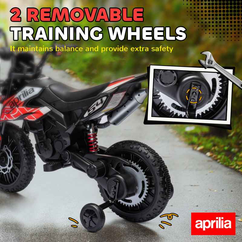 AIYAPLAY 12V Kids Motorcycle, Aprilia Licensed Kids Electric Motorbike with Training Wheels, Spring Suspension, LED Light, Music, USB, Kids Electric Bike for Boys, Girls, Red/Black