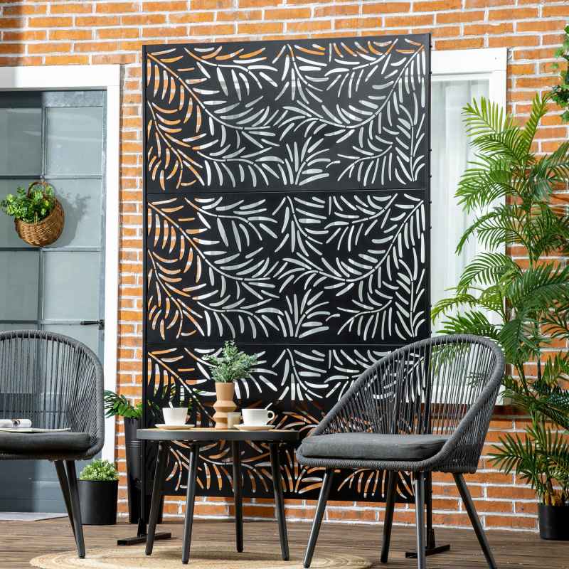 Outsunny Decorative Garden Privacy Screen with Stand, 6.5FT Freestanding Metal Outdoor Divider, Decorative Privacy Panel with Expansion Screws for Garden Pool Hot Tub, Willow Branch Style, Black