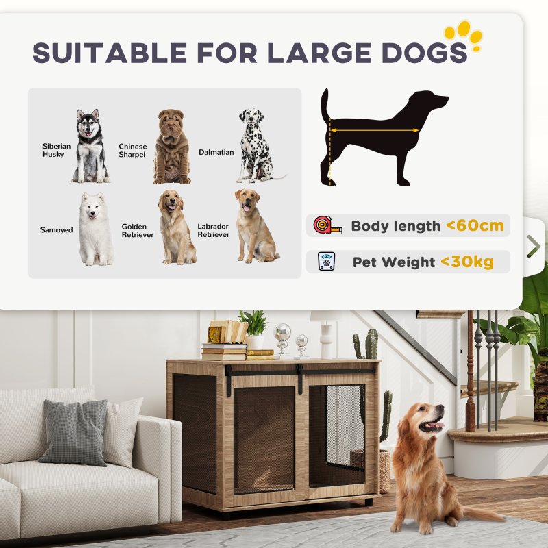 PawHut Dog Crate Furniture, Dog Cage End Table with Sliding Door, Pet Kennel for Large Breeds, 98 x 60 x 78cm, Walnut Brown