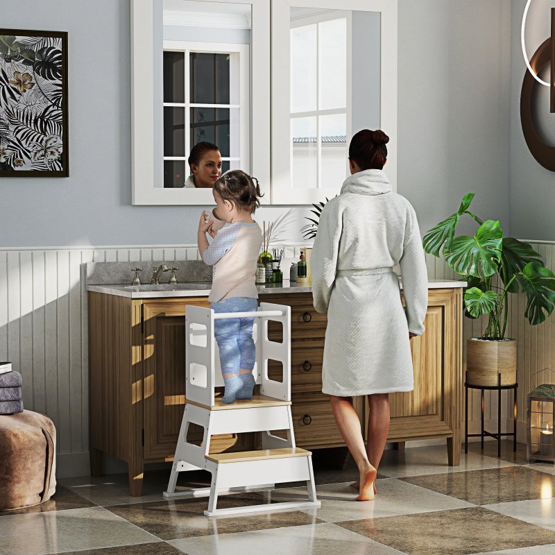 AIYAPLAY Toddler Tower, 2 in 1 Toddler Step Stool with Chalkboard, Safety Rail, Kids Standing Tower for Kitchen, Counter, Bathroom, Sink, White