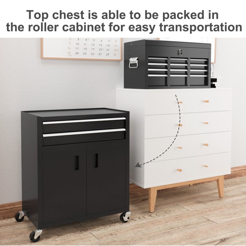 HOMCOM Tool Chest, Metal Tool Cabinet on Wheels with 6 Drawers, Pegboard, Top Chest and Roller Cabinet Combo, 61.6 x 33 x 108cm, Black