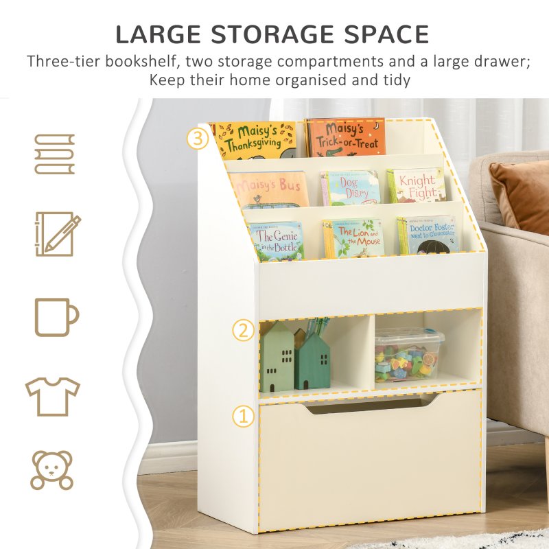 HOMCOM Kids Bookshelf with Storage Drawer, Childrens Bookcase with Wheels, Toy Organiser for Bedroom, Playroom - White