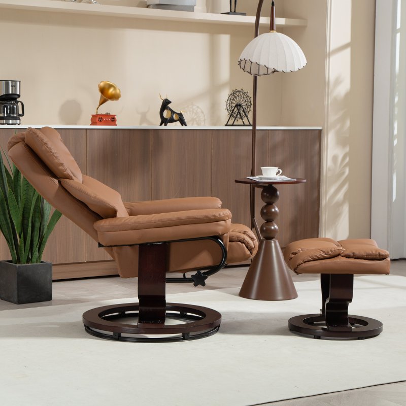 HOMCOM 360° Swivel Recliner Chair with Footstool, PU Leather Manual Recliner Armchair with Footstool, Solid Wood Base, Upholstered Reclining Chair for Living Room, Bedroom, Office, Brown