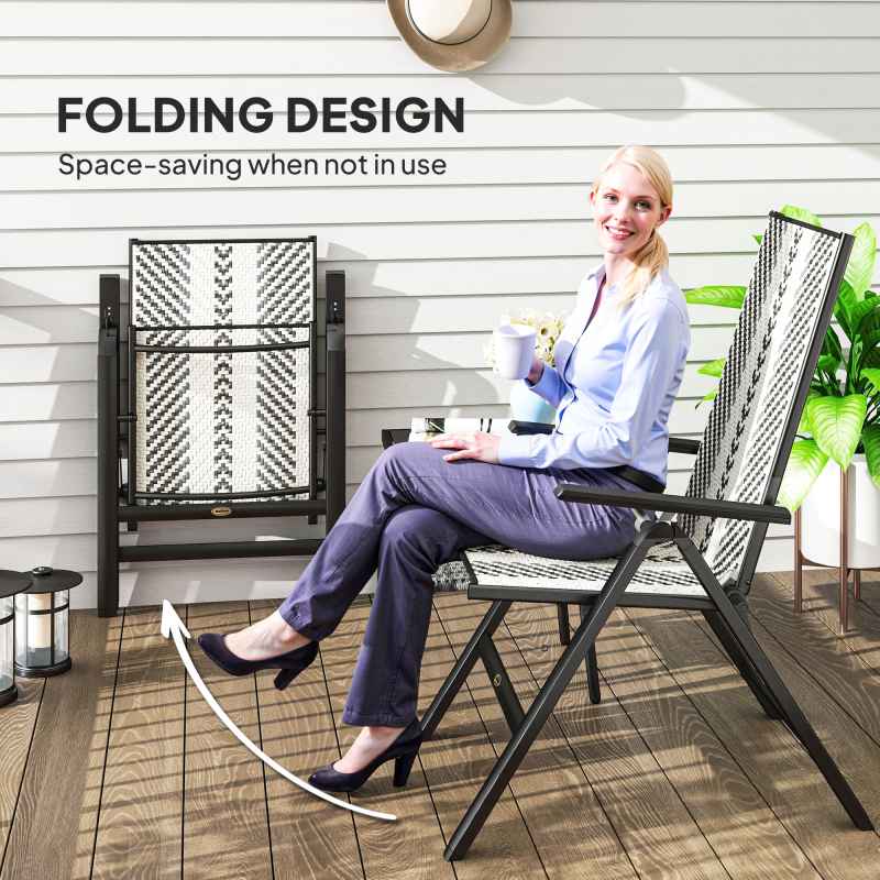 Outsunny Rattan Folding Chair Outdoor Set of 2, 5-Position Adjustable Wicker Garden Dining Chair with High Backrest, Wide Armrest, for Patio, Terrace, Balcony, Grey