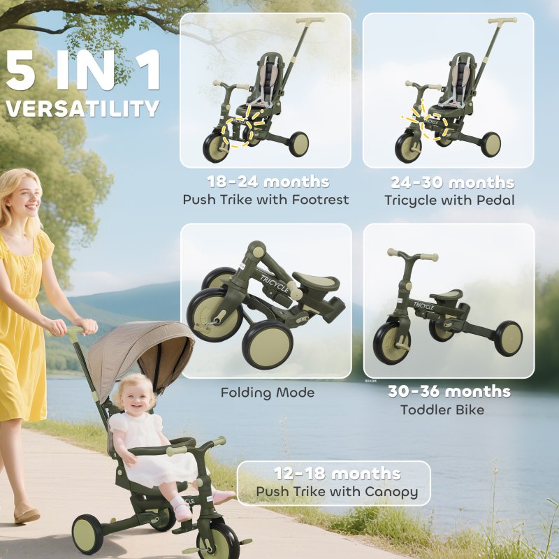 AIYAPLAY Kids Trike, Foldable Toddler Tricycle 5 in 1 with Adjustable Parent Handle & Removable Canopy, 5-point Safety Harness, Footrest, Storage Bag, for Ages 1-3 Years, Dark Green