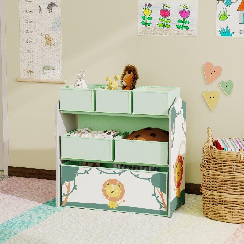 AIYAPLAY Kids Toy Storage Units, 3-Tier Toy Organiser Shelf with 6 Removable Fabric Boxes for Kids, Boys, Girls, Bedroom, Playroom, Nursery, Green