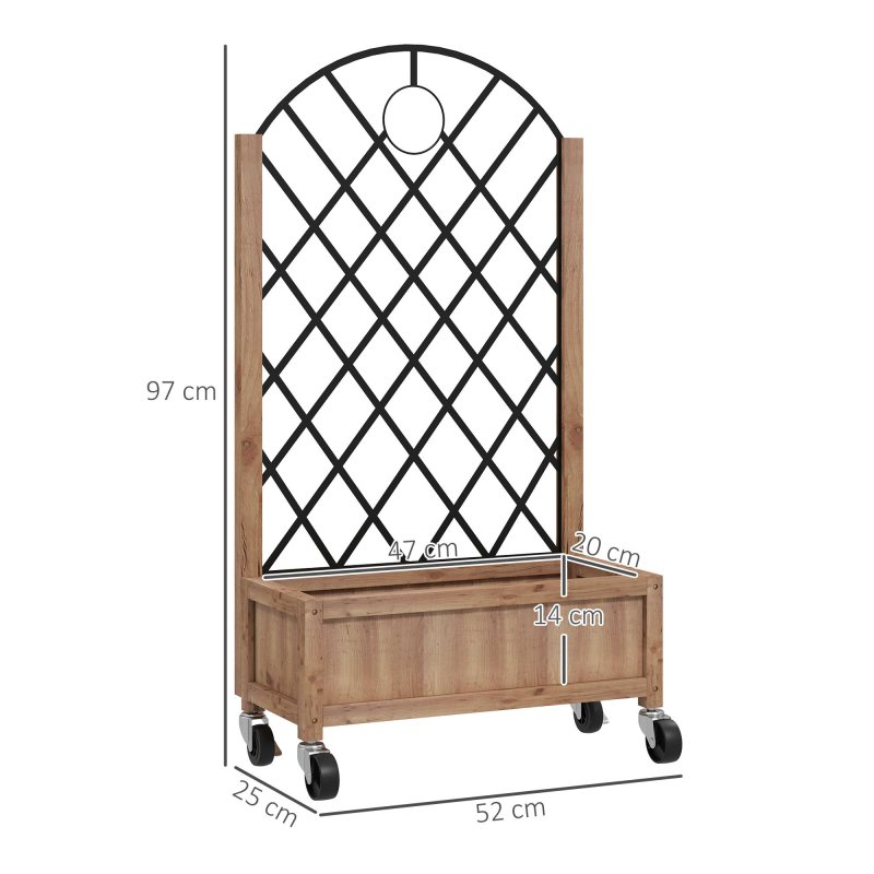Outsunny Raised Garden Bed with Metal Trellis, Wooden Elevated Planter Box with Wheels and Drainage Holes, Outdoor Raised Planter for Climbing Plants, Fruits, Vegetables, Flowers, Brown
