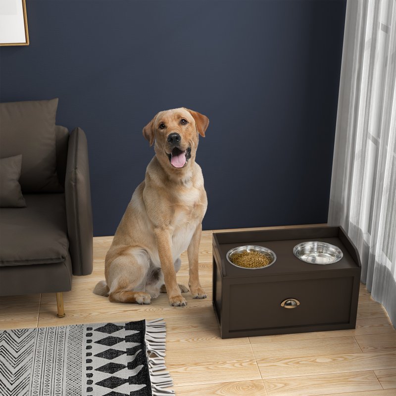 PawHut Stainless Steel Raised Dog Bowls, Double Dog Food and Water Bowl w/ 21L Storage Drawer, for Large Dogs - Brown