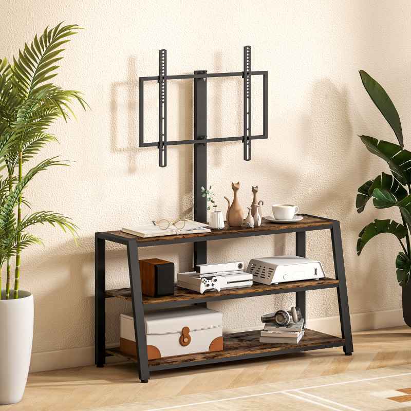 HOMCOM TV Stand Cabinet with Swivel Bracket for 32 - 65 Inch TVs, Industrial TV Cabinet with Open Shelves, Cable Management, Trapezoid-Shaped Steel Frame for Living Room, Bedroom, Rustic Brown