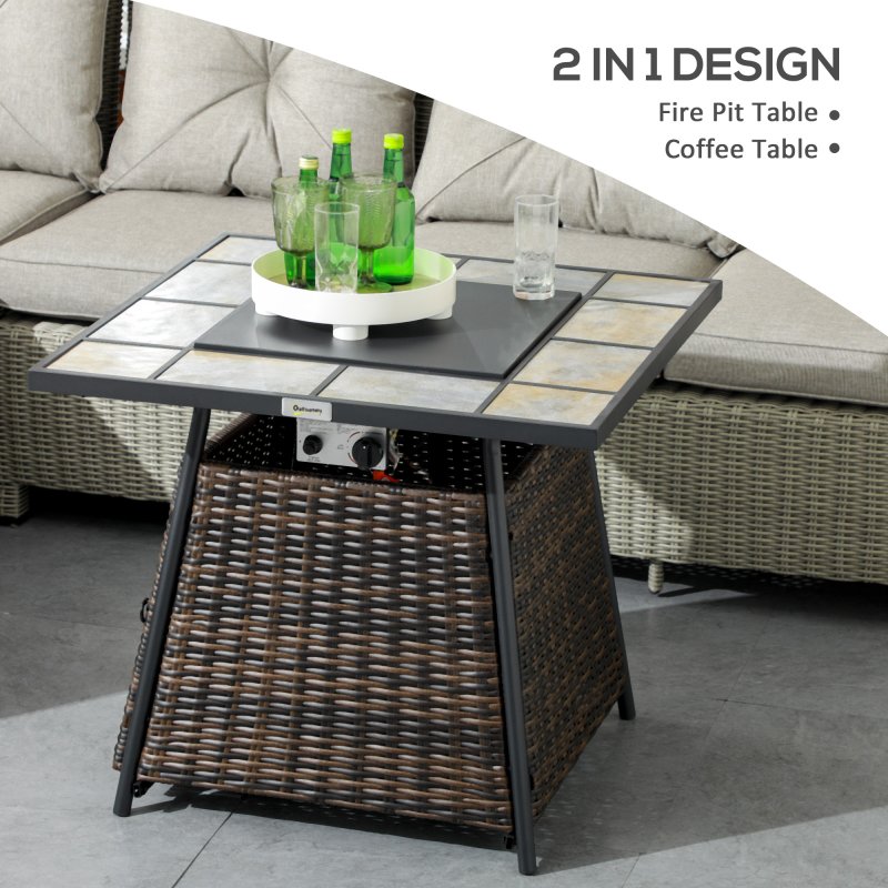 Outsunny Outdoor PE Rattan Gas Fire Pit Table, Square Gas Burner Patio Heater with Fire Control Panel, Slate Desktop, Lid and Lava Rocks, 50,000 BTU, Brown