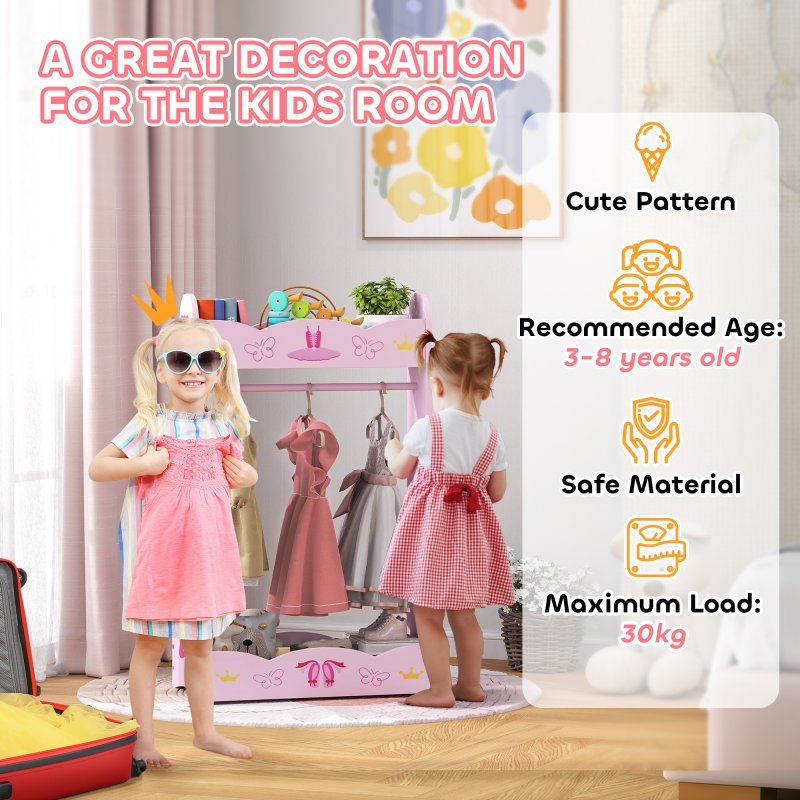 AIYAPLAY Wooden Kids Clothes Rail, Dress Up Rail with Top, Bottom Storage Shelves, for 3 Years+, 70 x 37 x 103cm, Pink