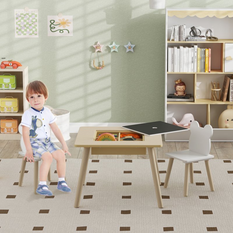 AIYAPLAY 3-Piece Kids Table and Chairs Set, Toddler Table and Chair Set with Bear-Shaped Backrest, Convertible Desk, Storage Grid for Nursery, Classroom, Playroom, Natural Wood