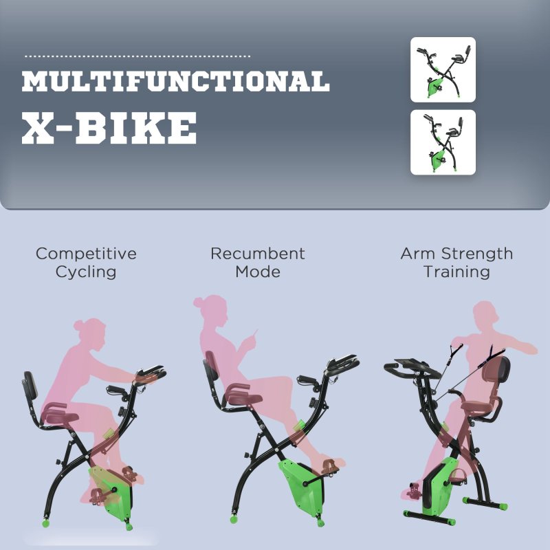 HOMCOM 2-in-1 Folding Exercise Bike, Foldable Stationary Bike with 8-Level Adjustable Magnetic Resistance, Arm Resistance Band, Pulse Sensor and LCD Monitor, Green