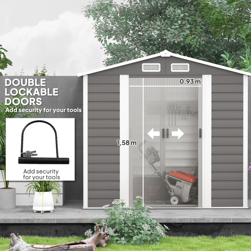 Outsunny 7 x 4ft Garden Shed, Easy to Assemble, Upgraded Galvanised Steel Frame with Foundation Kit, Double Doors with Lock, Outdoor Metal Shed with Vents and Gloves, Garden Storage Shed, Light Grey