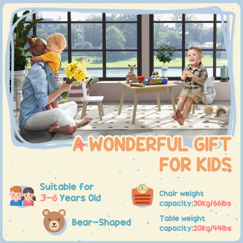 AIYAPLAY 3-Piece Kids Table and Chairs Set, Toddler Table and Chair Set with Bear-Shaped Backrest, Convertible Desk, Storage Grid for Nursery, Classroom, Playroom, Natural Wood