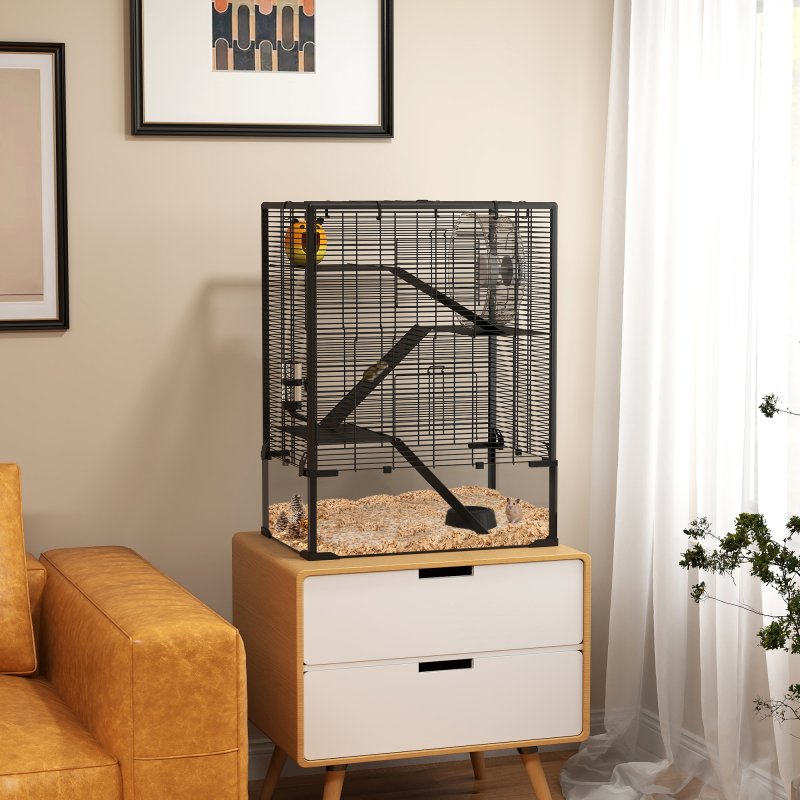 PawHut Hamster Cage with Deep Tempered Glass Bottom, 4 Tier Large Hamster Tank with Hut, Running Wheel, Platforms, Ramps, Food Dish, Water Bottle, for Syrian, Dwarf, Rats, Gerbils, 60 x 40 x 80cm