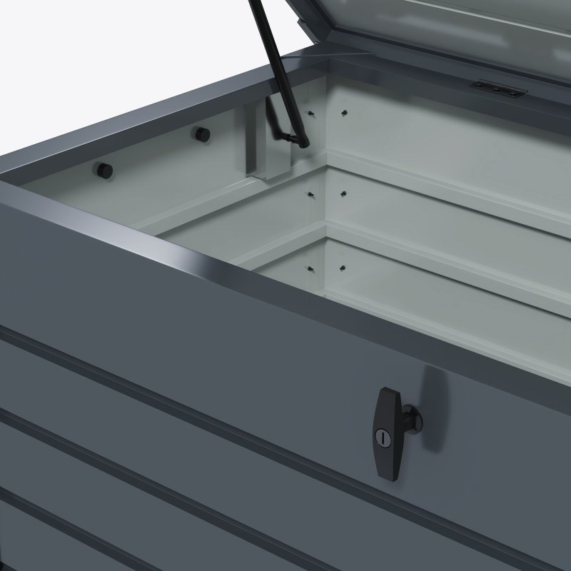 Outsunny 331 Litre Garden Storage Box, Waterproof Outdoor Storage Box with Wheels and Handles, Lockable Galvanised Steel Outside Deck Box Organiser for Tools, Cushions, Dark Grey