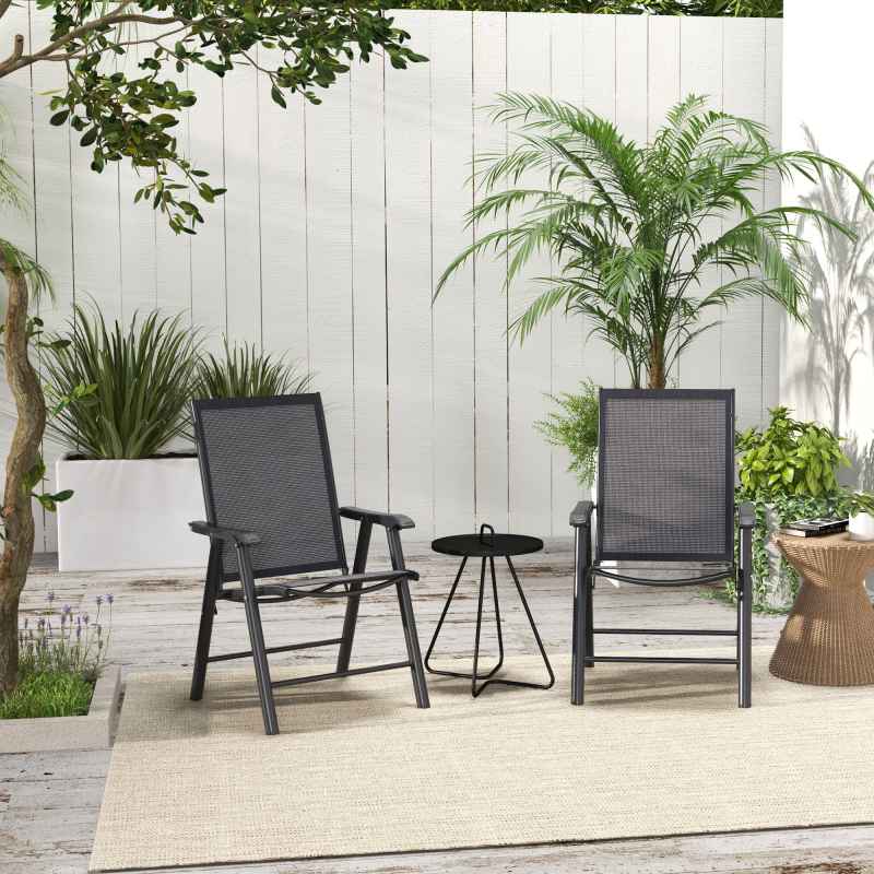Outsunny Set of 2 Folding Garden Chairs, Metal Frame Garden Chairs Outdoor Patio Park Dining Seat with Breathable Mesh Seat, Dark Grey