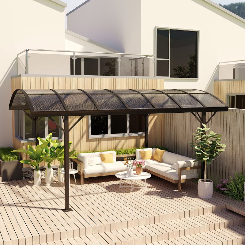 Outsunny 5 x 3(m) Hardtop Gazebo Aluminium Pavilion Carport Garden Shelter Pergola with Polycarbonate Roof, Brown