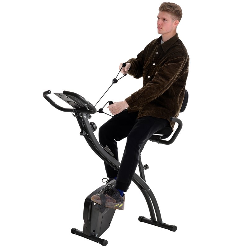 HOMCOM 2-in-1 Folding Exercise Bike, Foldable Stationary Bike with 8-Level Adjustable Magnetic Resistance, Arm Resistance Band, Pulse Sensor and LCD Monitor, Black