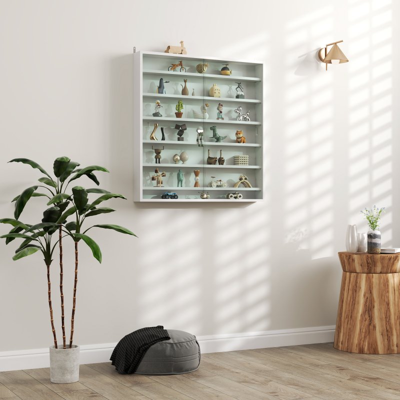 HOMCOM 7-Tier Wall Mounted Display Cabinet, Display Case with 6 Adjustable Shelves, Glass Doors for Home Office Ornaments 83x80cm, White