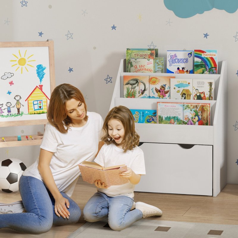 AIYAPLAY Kids Bookshelf, Bookcase Toy Storage Organizer with 3 Tier Shelves, Drawer, for Bedroom, Nursery, Playroom, Classroom, White