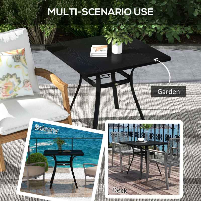 Outsunny Garden Dining Table, Outdoor Square Coffee Table with Wood Grain Effect Steel Tabletop, Parasol Hole and Foot Pads for Balcony, Porch, Black