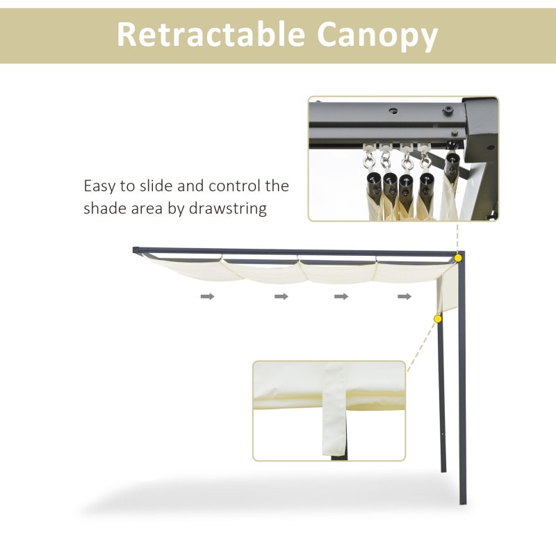 Outsunny 3 x 3(m) Outdoor Lean To Pergola Retractable Canopy Wall Mounted Gazebo Patio Shelter Sun Shade, Cream White