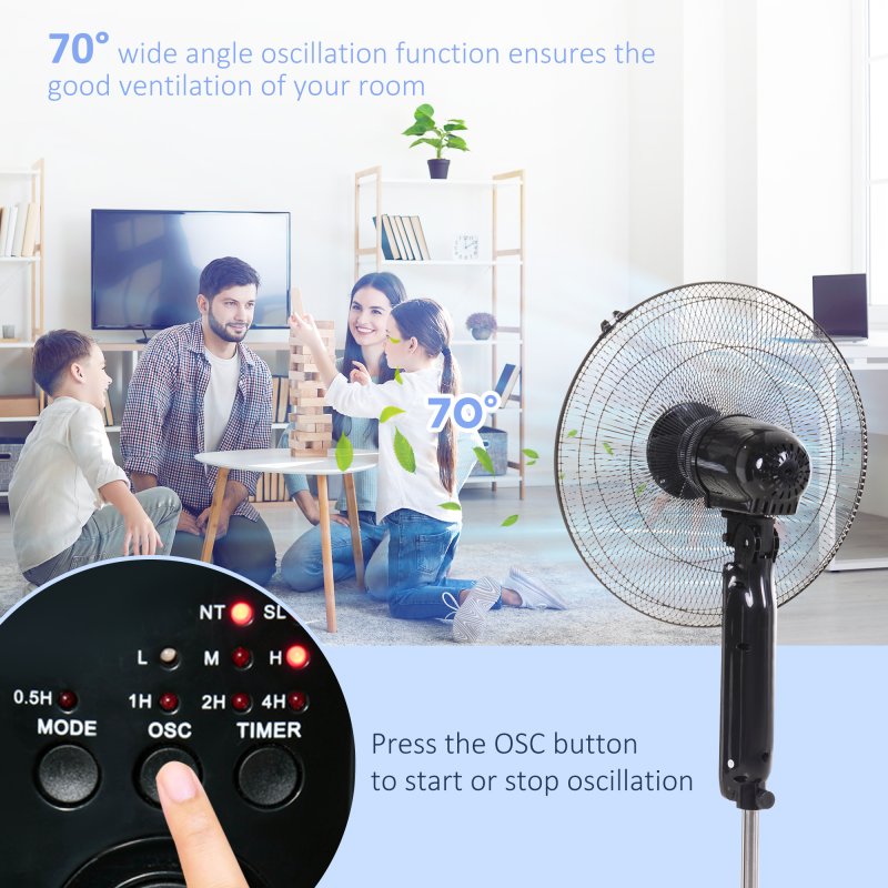 HOMCOM 18" Pedestal Fan with Sleep Mode, Oscillating Standing Fan with 3 Modes, Remote Control, Floor Fan with Adjustable Height, 3 Speed, 7.5-Hour Timer, Black