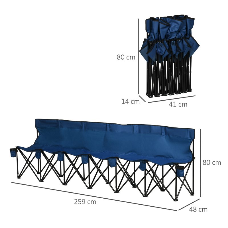Outsunny 6 Seater Folding Bench, Outdoor Camping Chair Portable Sports Spectator Chair with Metal Frame, Cup Holder & Carry Bag, Blue