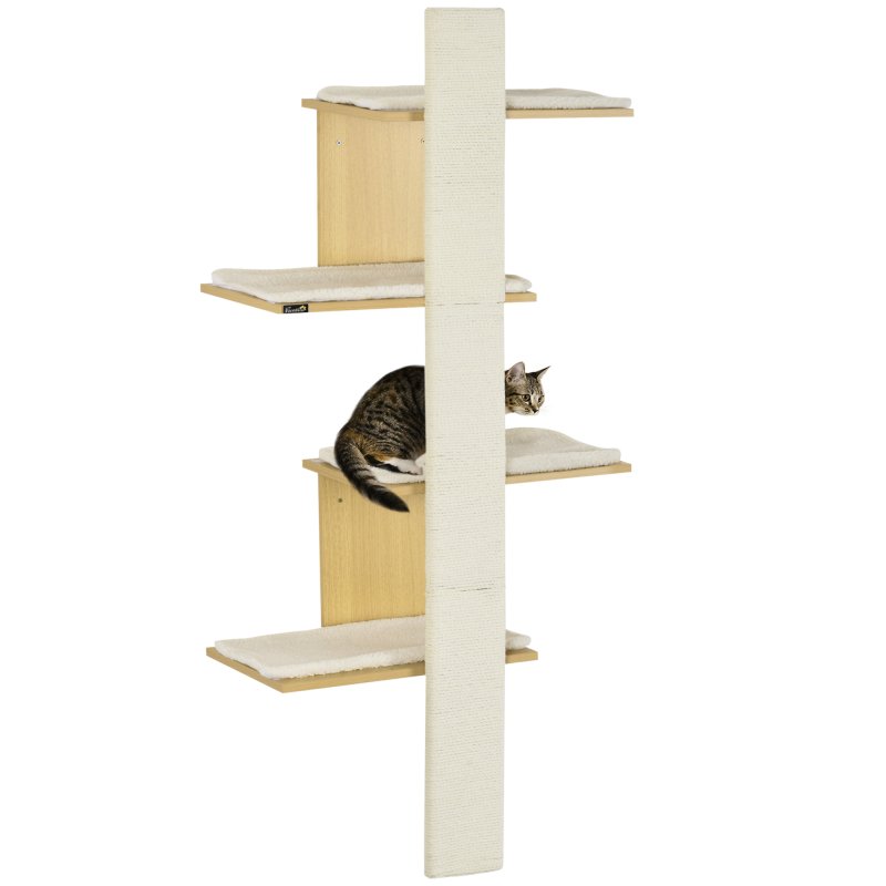 PawHut Cat Tree for Indoor Cats, Four-Layer Wall-Mounted Shelf, Cat Wall Furniture, Kitten Perch Climber Furniture w/ Cushions, Scratching Board - Oak Tone