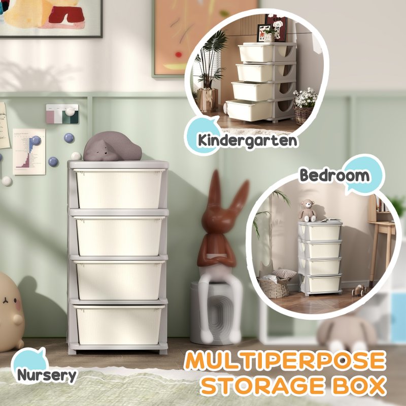 HOMCOM Kids Storage Units with 4 Drawers 4 Tier Chest Vertical Dresser Tower Toy Organiser for Nursery Playroom Kindergarten Cream