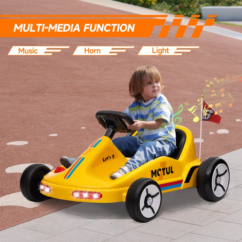 AIYAPLAY Electric Go Kart, 6V Battery Powered Kids Go Kart with Music, Light, Horn, Kids, Ride on Car for 3-5 Years, Yellow