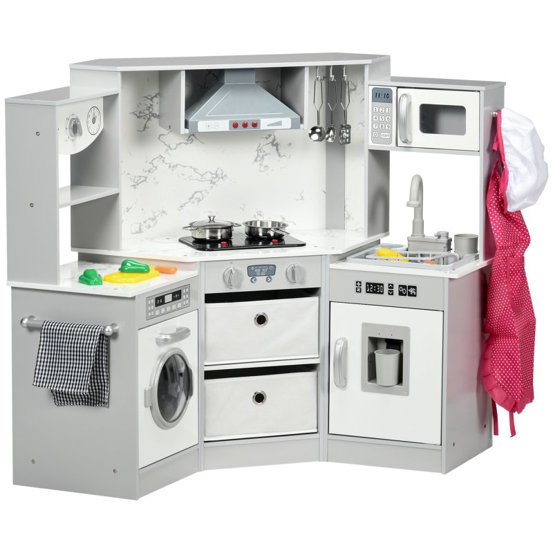 AIYAPLAY Toy Kitchen Playset, Kids Play Kitchen, Role Playing Game with Running Water, Lights, Sounds, Apron and Chef Hat, Water Dispenser, Sink, Utensils, Ages 3-6 Years - Grey