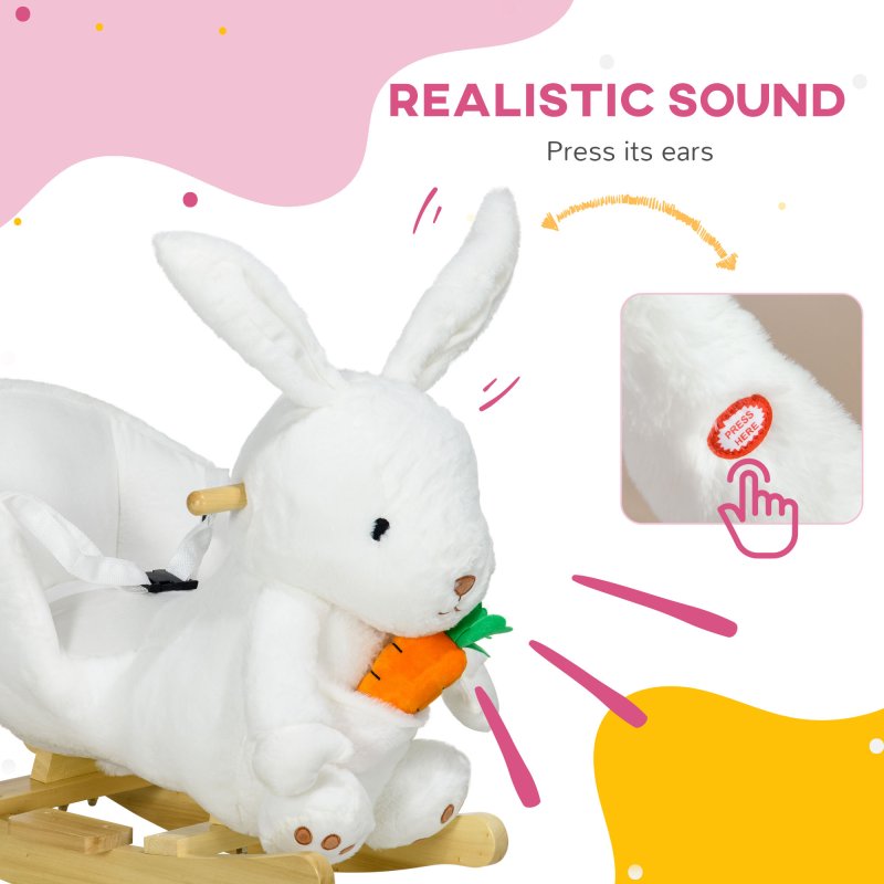 HOMCOM Kids Rocking Horse, Plush Rabbit-Shaped Baby Rocking Animal w/ Carrot Toy, Safety Harness, Realistic Sounds, Foot Pedals, for Toddlers Aged 18-36 Months - White