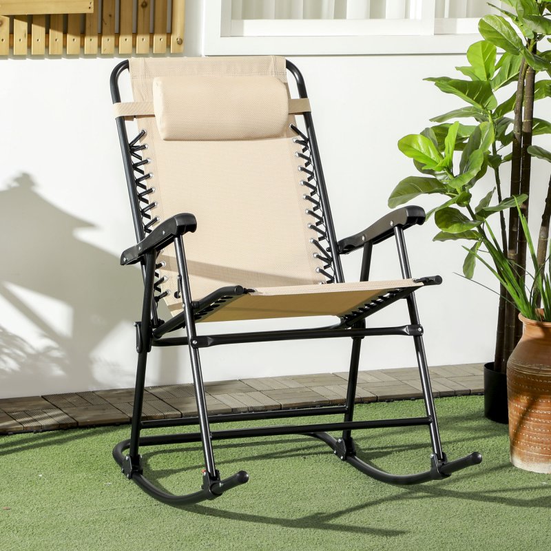 Outsunny Garden Rocking Chair Folding Outdoor Adjustable Rocker Zero-Gravity Seat with Headrest Camping Fishing Patio Deck, 95 x 64 x 106 cm - Beige