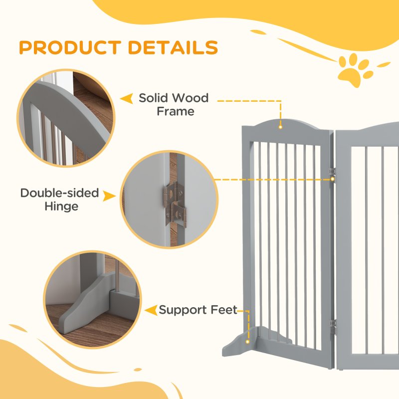 PawHut Foldable Dog Gate, Freestanding Pet Gate, Dog Barrier with Two Support Feet, for Doorways, Stairs, Halls - Grey
