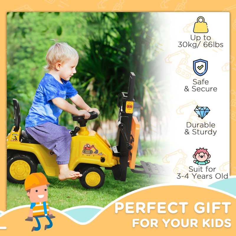 HOMCOM Kids Ride on Forklift Truck w/ Fork and Tray, Ride On Tractor w/ Under Seat Storage, Treaded Wheels, No Power Design, for 3-4 Years Old