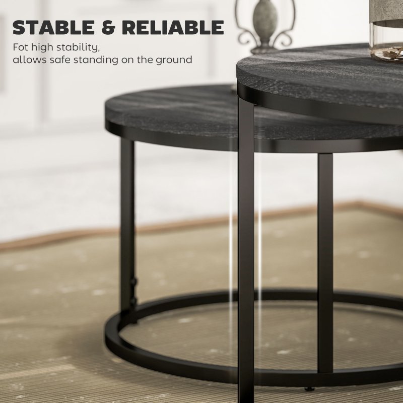 HOMCOM Round Nesting Coffee Table Set of 2, Large Stacking End Side Table with Steel Frame for Living Room, Bedroom, Home Office, 78.5 x 78.5 x 46.5 cm, Black