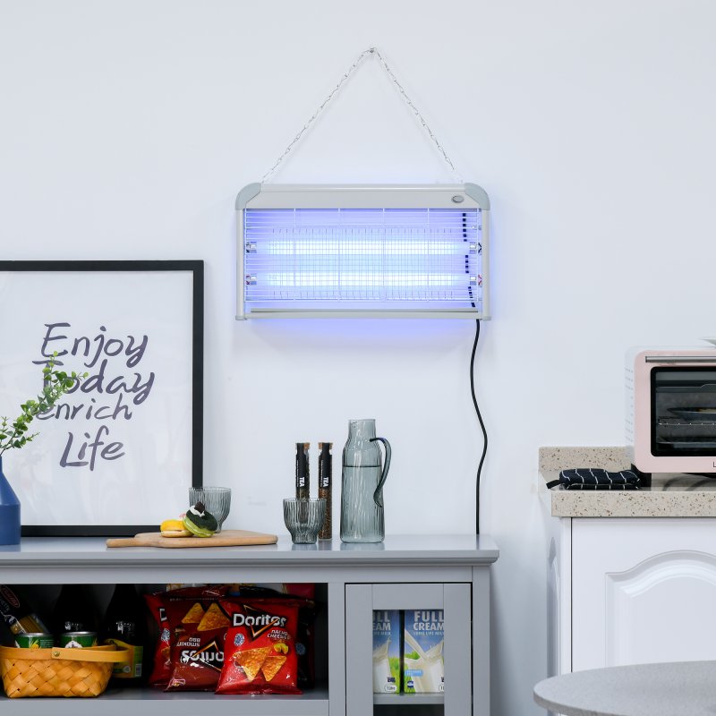Outsunny 30W Electric Fly Zapper, Bug Zapper with UK Plug, 2 UV Bulbs, Hanging Chain, On/Off Switch and Removable Catch Tray, 60?O Coverage Insect Mosquito Killer for Indoor and Outdoor Use, Grey