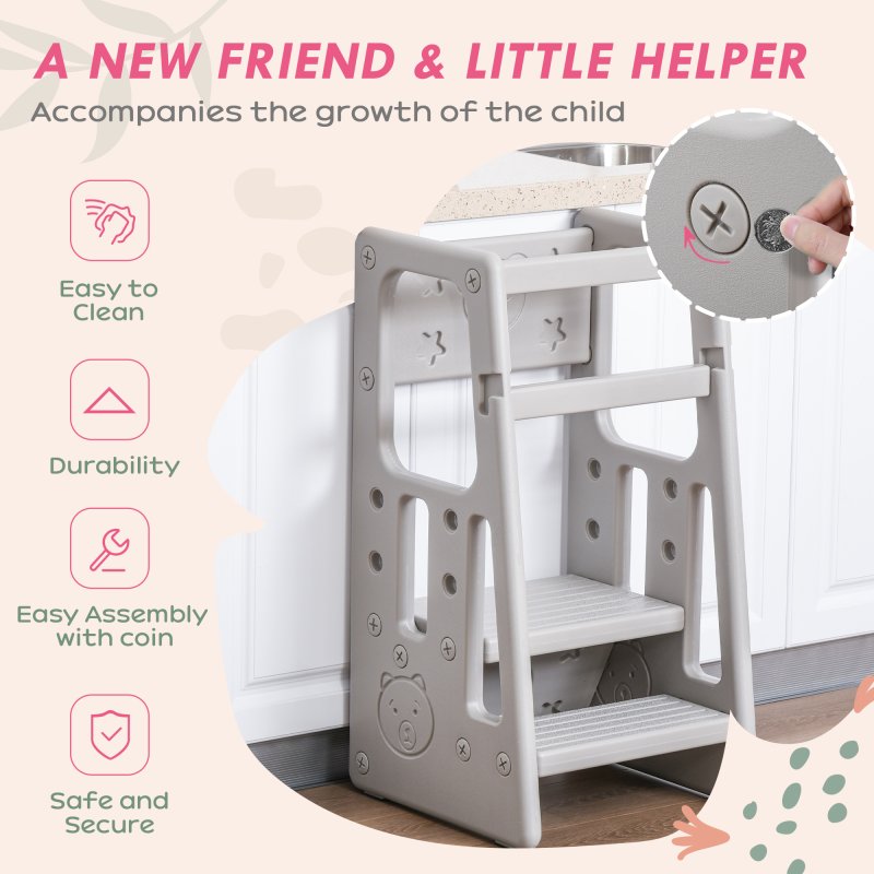 HOMCOM Kids Step Stool, Adjustable Standing Platform, Toddler Kitchen Stool , Standing Tower for Kids, Kitchen Counter with Three Adjustable Heights - Grey