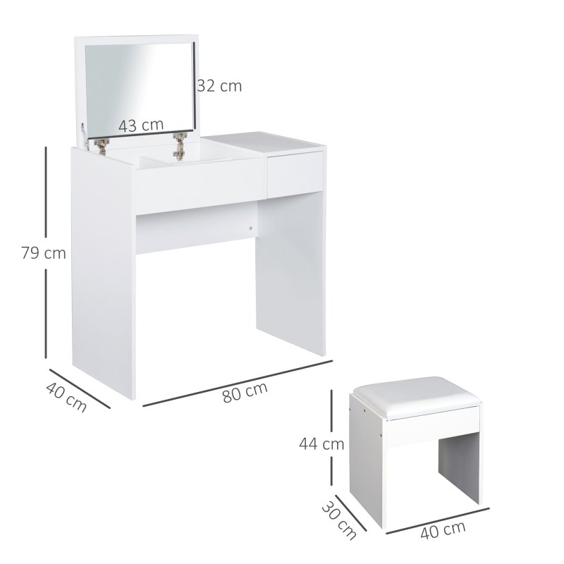 HOMCOM Dressing Table with Flip-Up Mirror and Cushioned Stool, Makeup Vanity Desk with Hidden Compartments and Storage Drawer, Convertible Writing Table for Bedroom, White