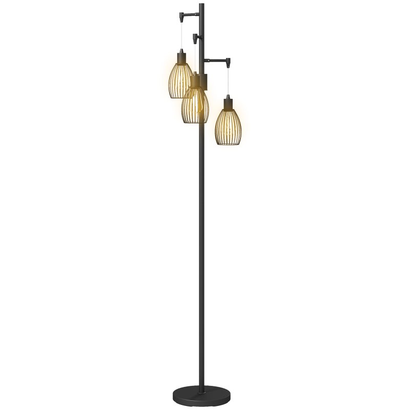 HOMCOM 3-Light LED Floor Lamp, 170cm Industrial Dimmable Standing Lamp with Steel Wire Cage Lampshades, 2700K for Living Room, Bedroom, Dining Room, Study, Black